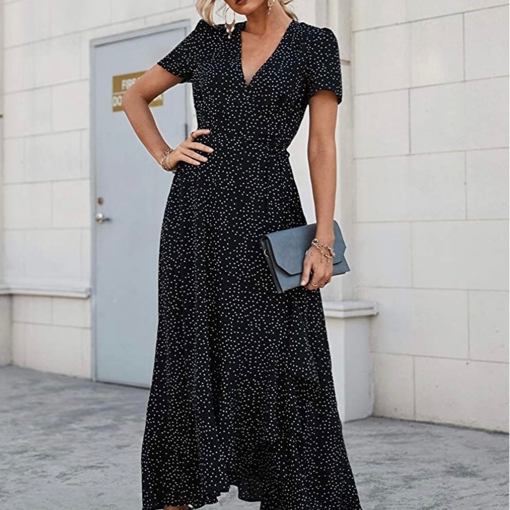 Black and White Wrap Maxi Dress V Neck Short Sleeve Ruffle Hem Split